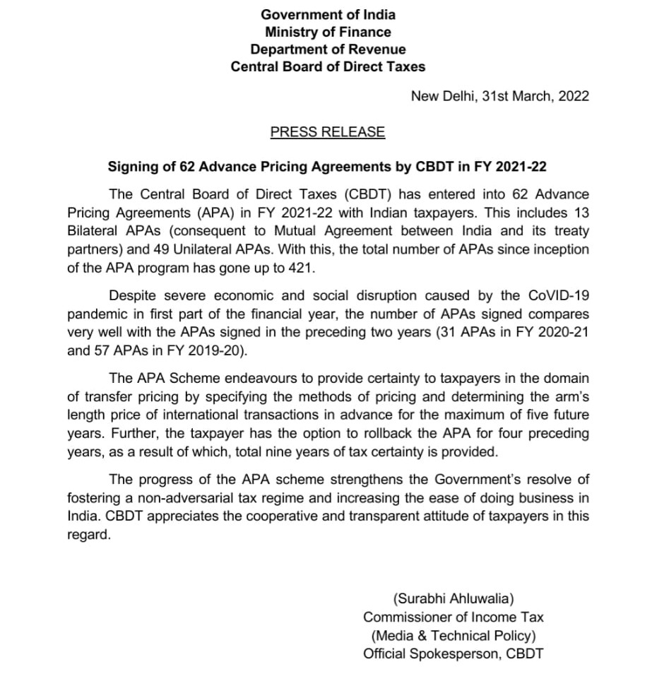 CBDT enters into 62 Advanced Pricing Agreements (APA) in FY 2021-22 with Indian taxpayers including 13 Bilateral & 49 Unilateral APAs.